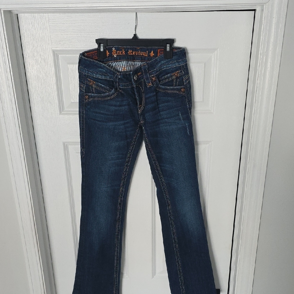 Rock Revival Dark Blue Flare Jeans with Orange Stitching